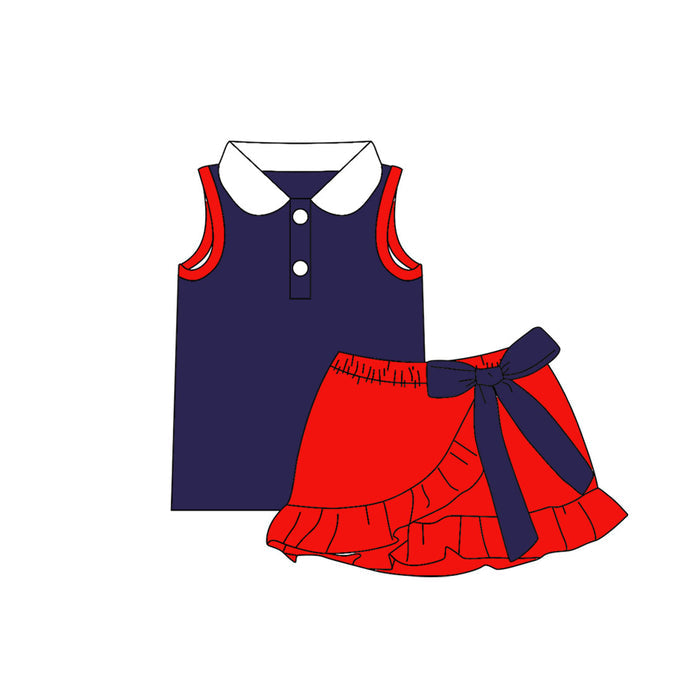 5.9 Girls Navy & Red Peter Pan Collar Set - Sleeveless Top & Bow Ruffle Skort