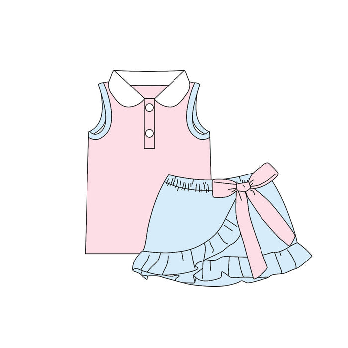 5.9 Girls Pink & Blue Peter Pan Collar Set - Sleeveless Top & Bow Ruffle Skort Preorder