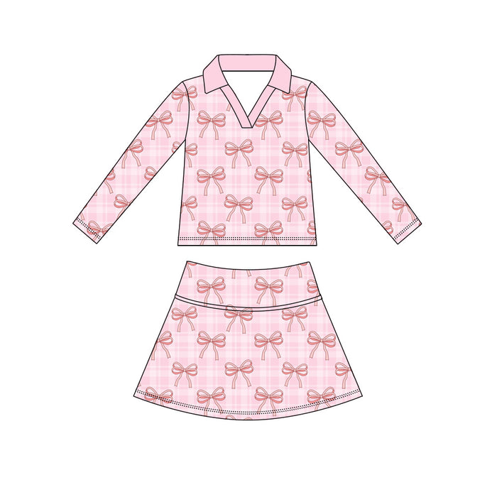 5.9 Preorder GLD1630 Pink Bows Plaid Long Sleeve Top Skirts Girls Yoga Clothes Set