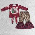 6 A1-15 Santa LOVE Top Leopard Checkered Bell Pants Girls Christmas Clothes Set