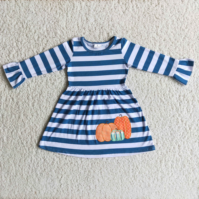 6 A19-13 Pumpkin Embroidery Blue Stripes Girls Long Sleeve Dress