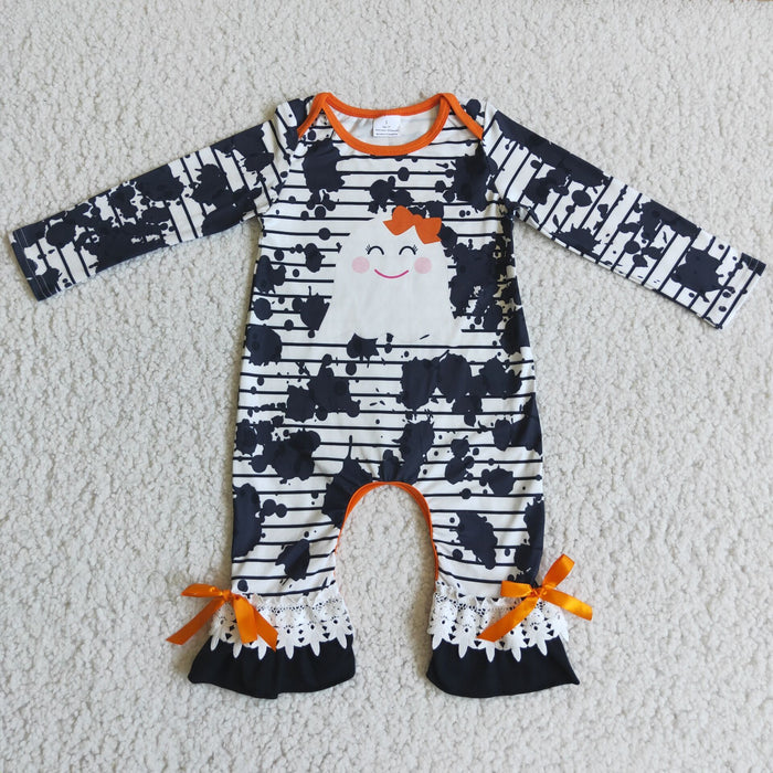 6 B1-31 Ghost Stripes Print Baby Girls Halloween Ruffle Romper