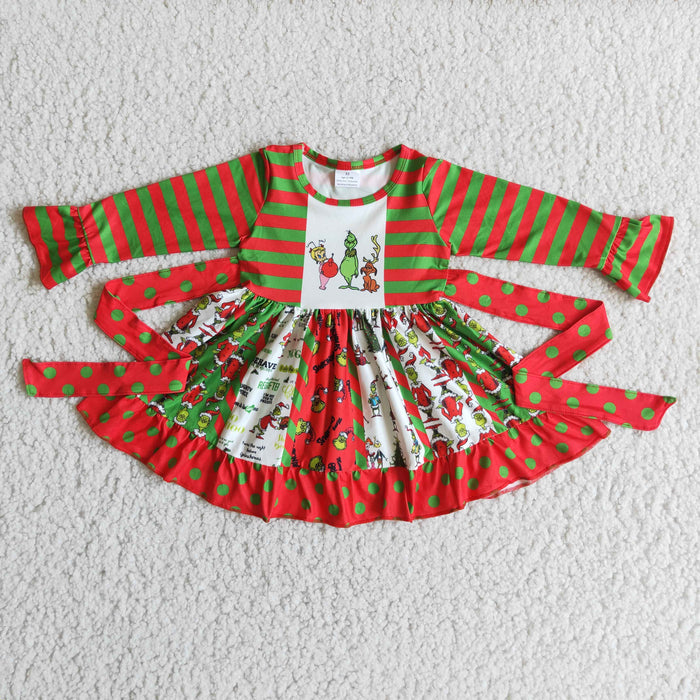 6 B3-5 Green Frog Stripes Print Girls Christmas Knee Length Twirl Dress