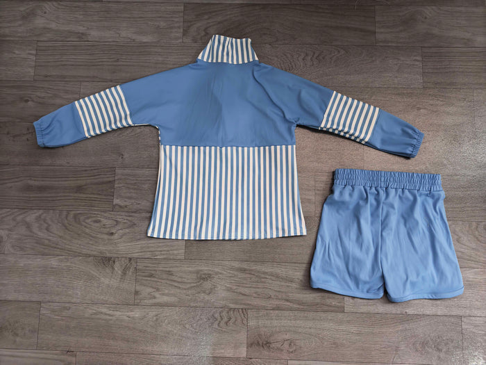 6.19 GLS0111 Preorder Blue Stripes Print Zipper Top Shorts Girls Yoga Clothes Set