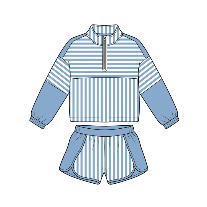6.19 GLS0111 Preorder Blue Stripes Print Zipper Top Shorts Girls Yoga Clothes Set