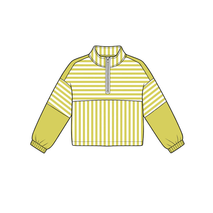 6.19 GT1722 Preorder Matcha Yellow Stripes Print Girls Long Sleeve Zipper Pullover Yoga Top
