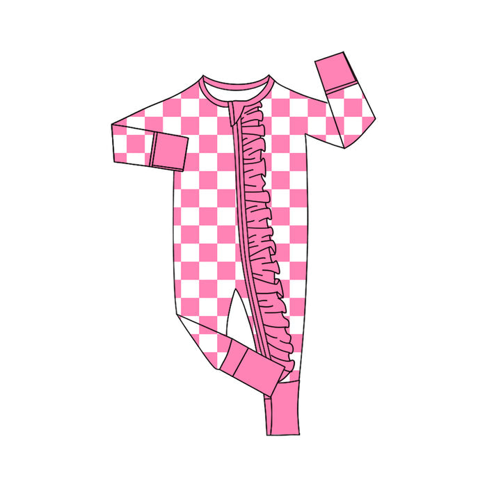 6.29 Preorder Babyu Girl Pink Checked Long Sleeve Zipper Romper