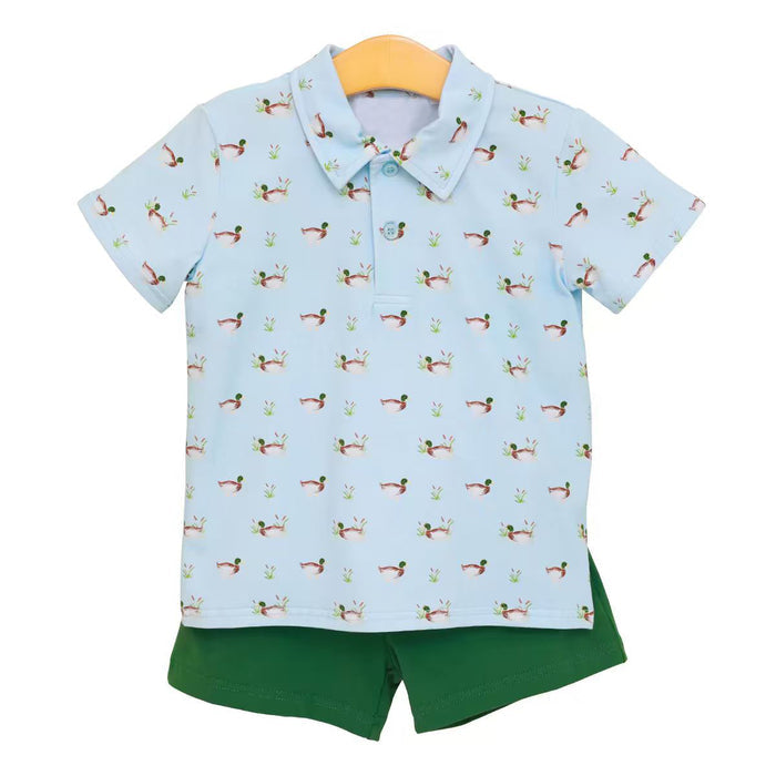 6.29 Preorder BSSO2041 Baby Boys Mallard Duck Short Sleeve Polo Short With Green Shorts Outfit