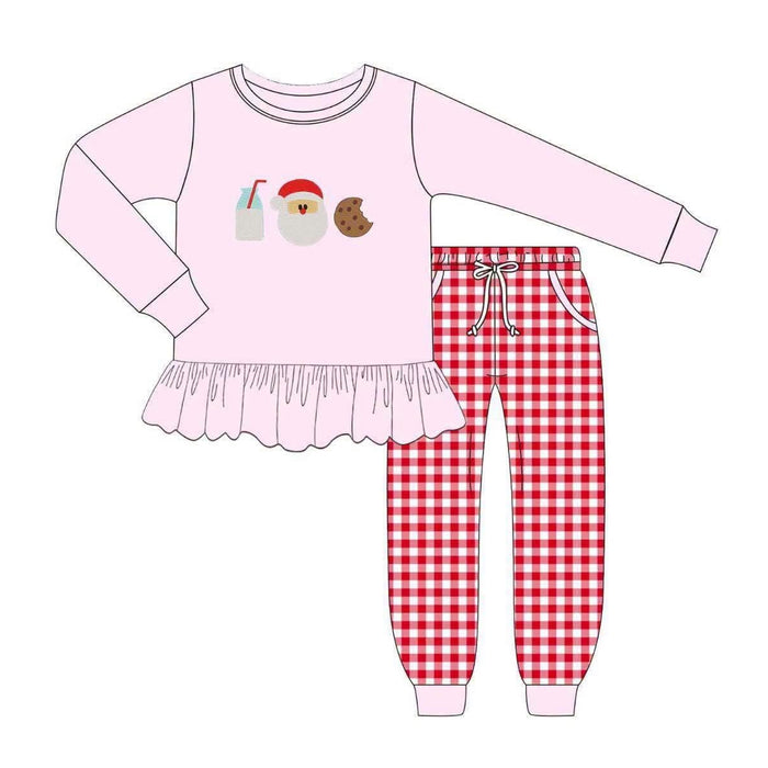 6.29 Preorder GLP3448 Milk Santa Cookies Pink Top Plaid Pants Girls Christmas Clothes Set