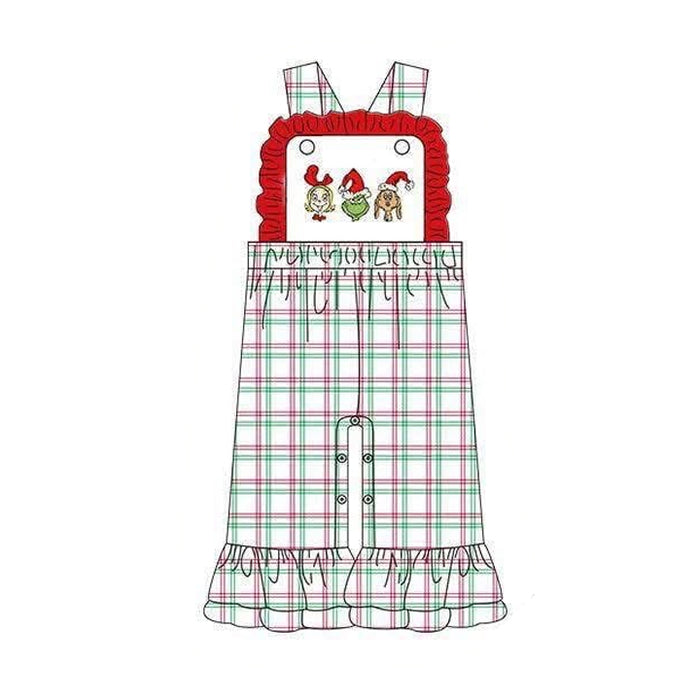 6.29 SR4282 Preorder Green Frog Plaid Baby Girls Strap Christmas Jumpsuits