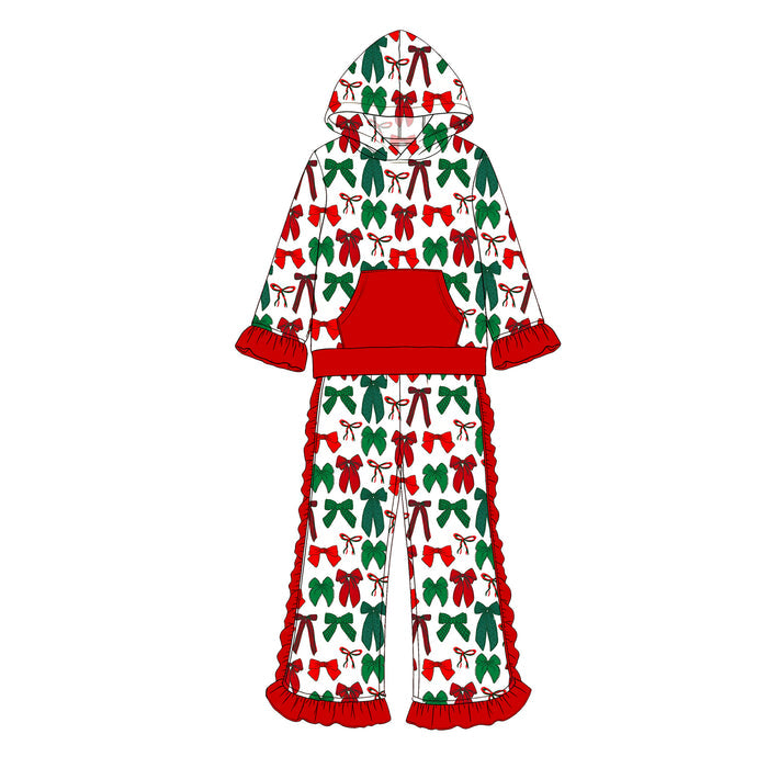7.15 GLP3495 Preorder Red Green Bows Hoodie Top Ruffle Pants Girls Christmas Clothes Set