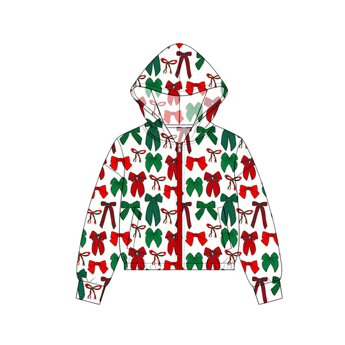 7.15 GT1779 Preorder Red Green Bows Girls Christmas Zipper Hoodie Jacket Top
