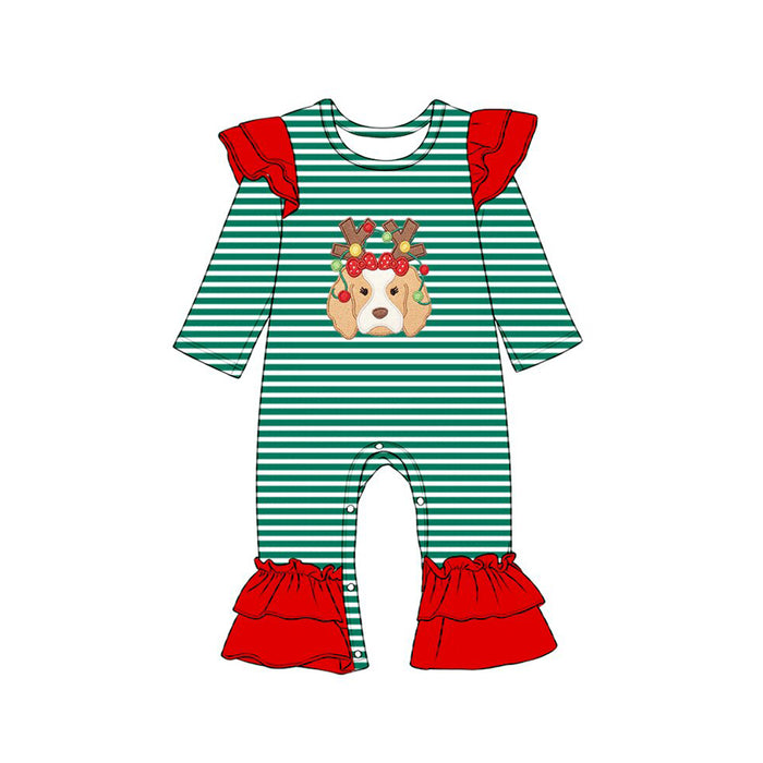 7.15 LR3145 Preorder Dog Green Stripes Baby Girls Christmas Romper