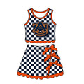 7.15 Preorder MOQ 5 GSD4281 Kids Girls Auburn Navy Checked Orange Bow Skort Active Outfit