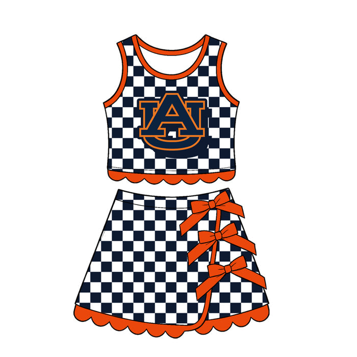 7.15 Preorder MOQ 5 GSD4281 Kids Girls Auburn Navy Checked Orange Bow Skort Active Outfit