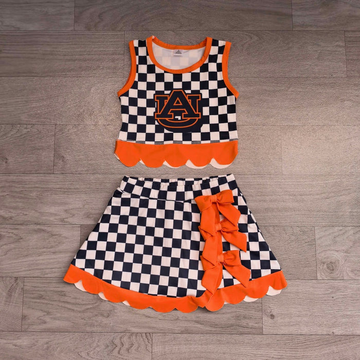 7.15 Preorder MOQ 5 GSD4281 Kids Girls Auburn Navy Checked Orange Bow Skort Active Outfit
