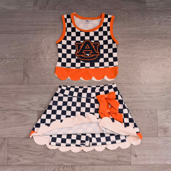 7.15 Preorder MOQ 5 GSD4281 Kids Girls Auburn Navy Checked Orange Bow Skort Active Outfit