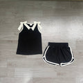 7.2 Preorder Girls Black White Bow Tank & White Piping Athletic Shorts Set