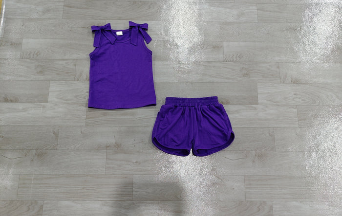 7.2 Preorder Girls Solid Matching Purple Bow Tank & Shorts Summer Set