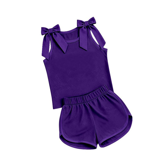7.2 Preorder Girls Solid Matching Purple Bow Tank & Shorts Summer Set