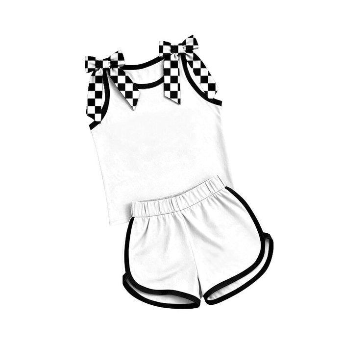 7.2 Preorder Girls White Checkerboard Bow Tank & Black Trim Shorts Outfit