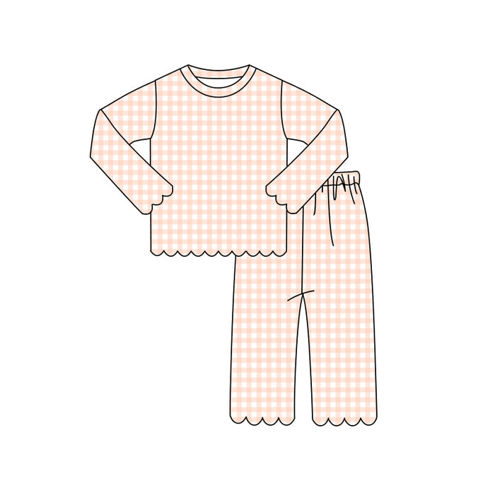 7.2 Preorder irls Peach Gingham Scallop Trim Toddler PJs 2 Piece Outfit