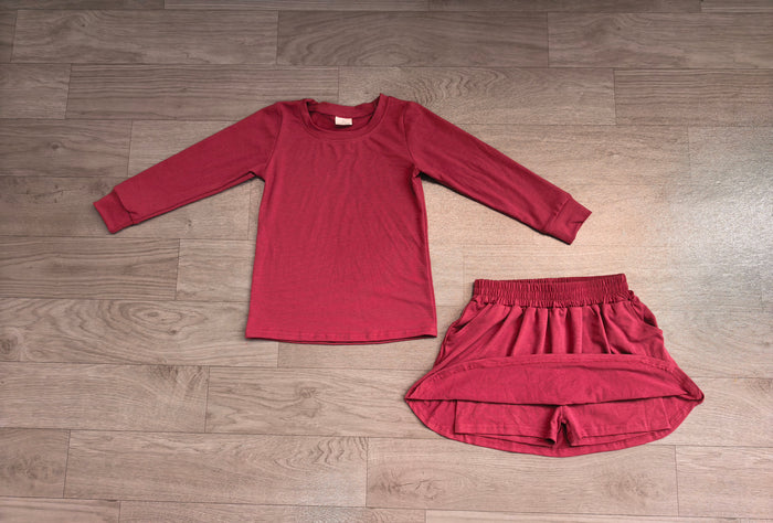 7.20  GLD1697 Preorder Plum Cotton Long Sleeve Top Skort Girls Fall Clothes Set