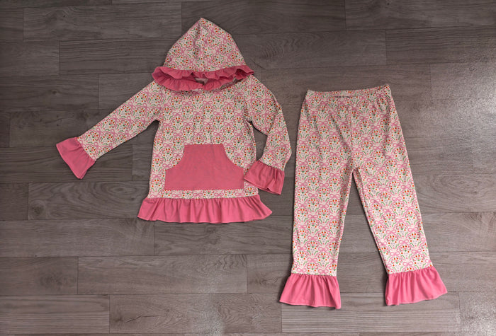 7.20 GLP3520 Preorder Flowers Bows Pink Hoodie Top Pants Girls Fall Clothes Set