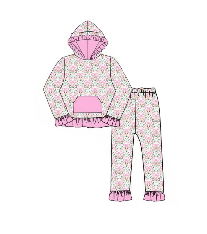 7.20 GLP3520 Preorder Flowers Bows Pink Hoodie Top Pants Girls Fall Clothes Set