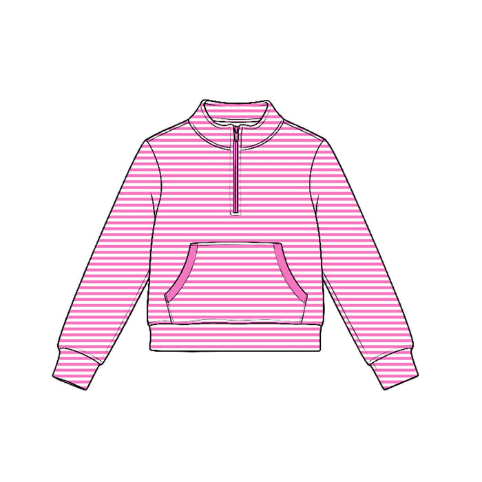 7.21 GT1783 Preorder Pink Stripes Girls Long Sleeve Zipper Pocket Yoga Pullover Top