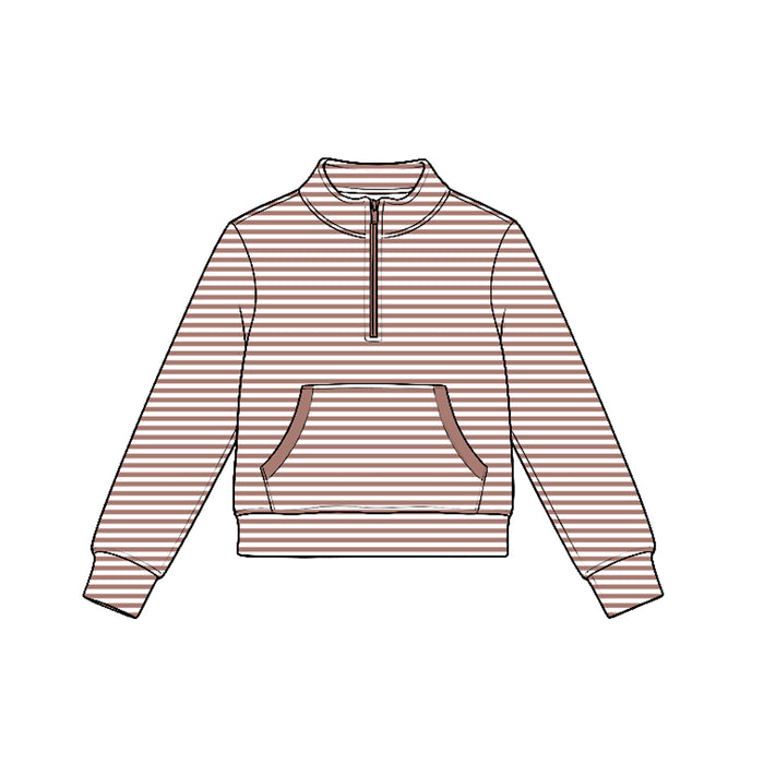 7.21 GT1785 Preorder Brown Stripes Girls Long Sleeve Zipper Pocket Yoga Pullover Top