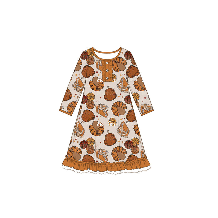 7.23 Preorder Baby Girls Thankgiving Turkey Pumpkin Long Sleeve Dress