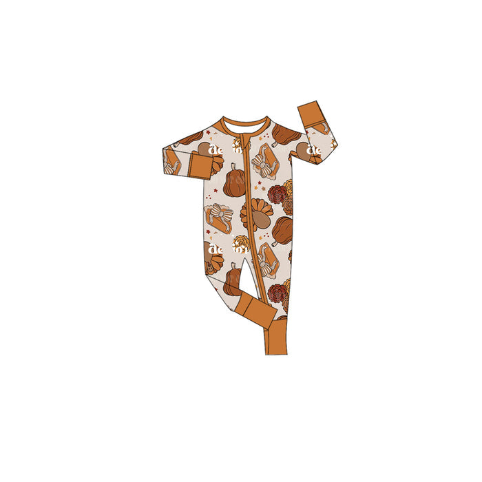 7.25 Preorder Baby Boys Thankgving Turkey Pumpkin Long Sleeve Zipper Romper