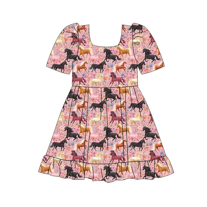 7.29 GSD4294 Preorder Horse Flowers Print Girls Knee Length Dress