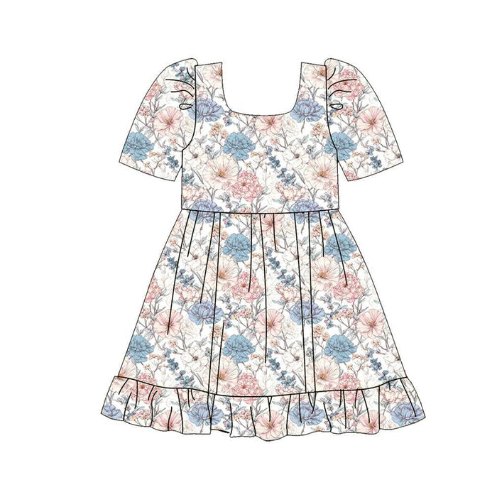 7.29 GSD4295 Preorder Pink Blue Flowers Print Girls Knee Length Dress