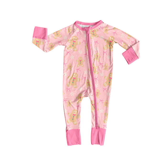 7.29 LR3176 Preorder Gingerbread Bows Pink Baby Girls Christmas Long Sleeve Zipper Sleeper Romper