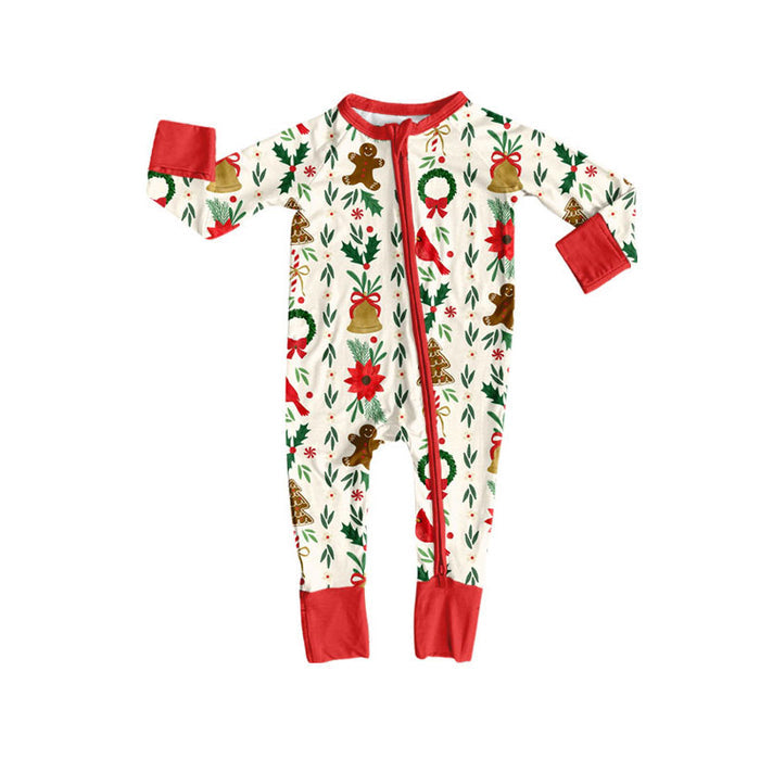 7.29 LR3178 Preorder Gingerbread Holly Baby Girls Christmas Long Sleeve Zipper Sleeper Romper