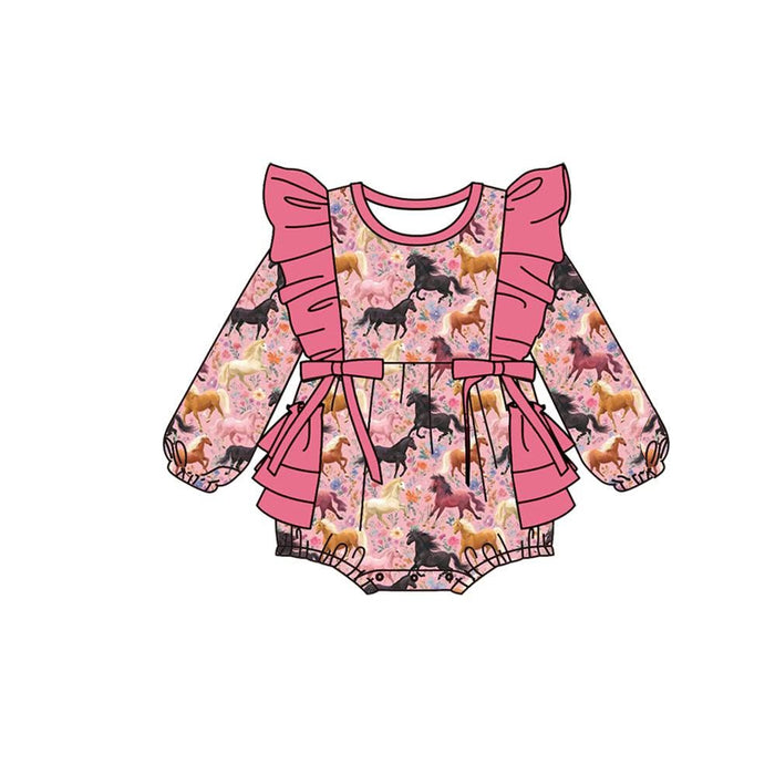 7.29 LR3181 Preorder Horse Flowers Print Baby Girls Ruffle Romper