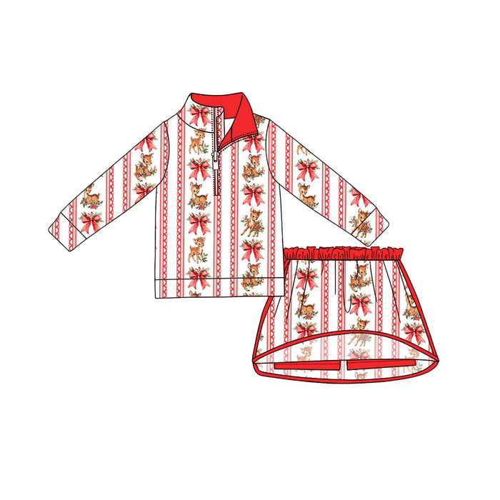 7.29  Preorder Baby Girls Christmas Deer Bow Long Sleeve Pullover Top with Skort Active Set