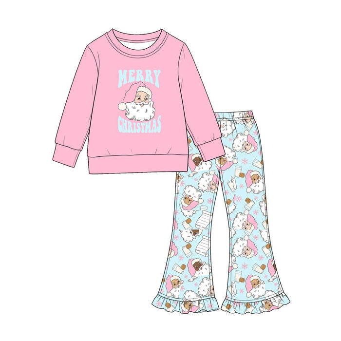 7.29  Preorder  Girls Merry Christms Long Sleeve Top with Gingham Flared Pants Outfit