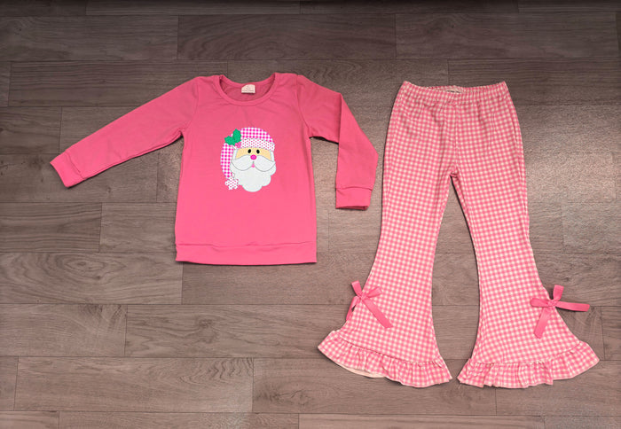7.29  Preorder  Girls Pink Santa Long Sleeve Top with Gingham Flared Pants Outfit