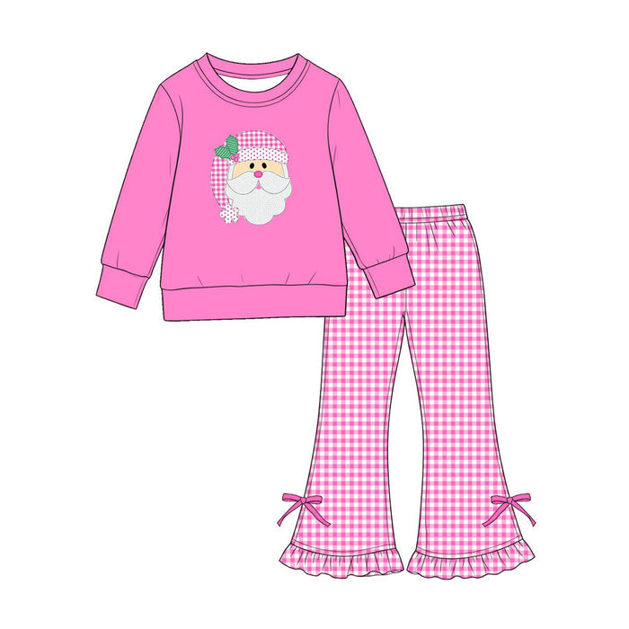 7.29  Preorder  Girls Pink Santa Long Sleeve Top with Gingham Flared Pants Outfit