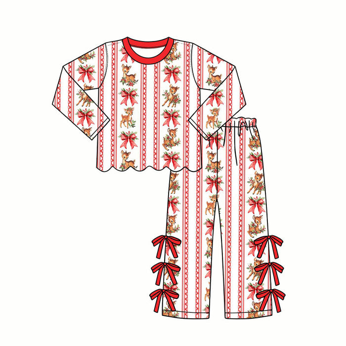 7.29  Preorder Girls Red Bow Baby Deer Stripe Long Sleeve Top Bow Pants Christmas Outfit