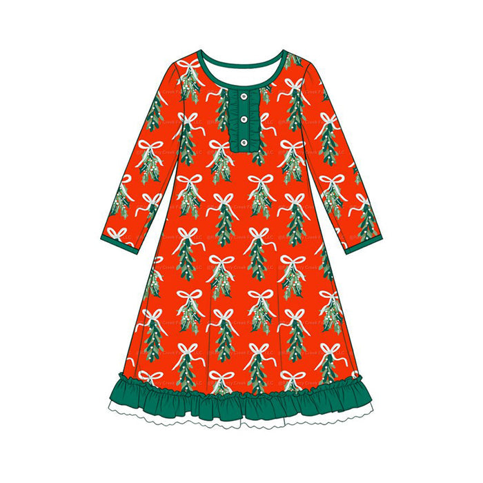 7.29  Preorder Girls Red Christmas Mistletoe Bow Print Long Sleeve Nightgown