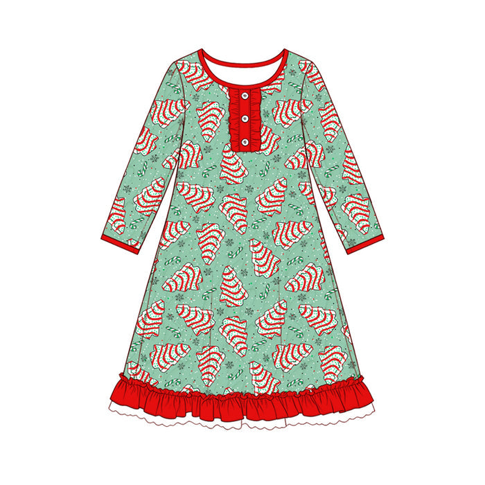 7.29  Preorder Girls Red Christmas Tree Cake Print Long Sleeve Nightgown