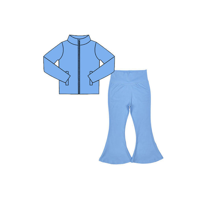 7.29  Preorder  Kids Girls Blue Solid Color Pullover Top with Bell Bottom Pants Active Outfit