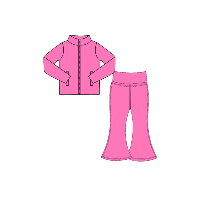 7.29  Preorder  Kids Girls Hot Pink Solid Color Pullover Top with Bell Bottom Pants Active Outfit