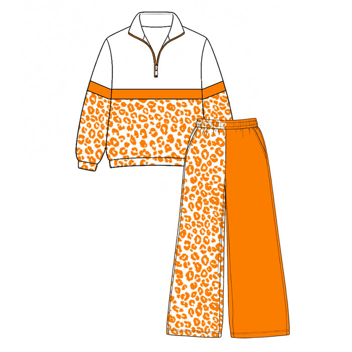 7.29  Preorder  Kids Girls Orange Leoaprd Pullover Top with Patch Pants Outfit