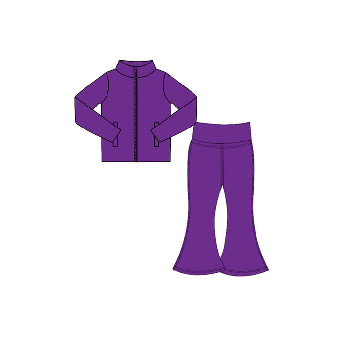 7.29  Preorder  Kids Girls Purple Solid Color Pullover Top with Bell Bottom Pants Active Outfit