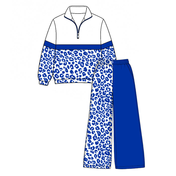 7.29  Preorder  Kids Girls Royal Blue Leoaprd Pullover Top with Patch Pants Outfit